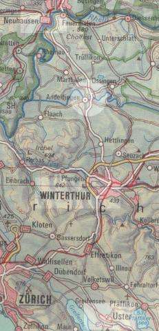 map showing Uster, Winterthur, rhine falls and Andelfingen