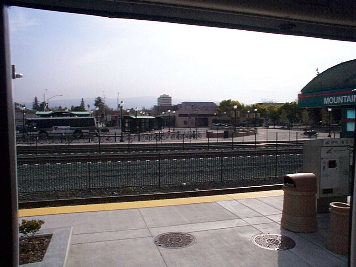 Train station. Looking out of the Light Rail Train towards downtown Mountain View.